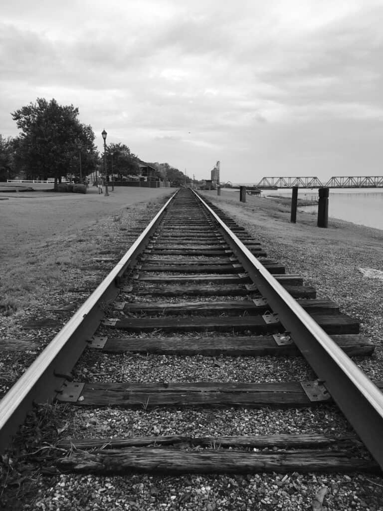 Railroad tracks follow the Tennessee River along Alabama's Trail of Tears.