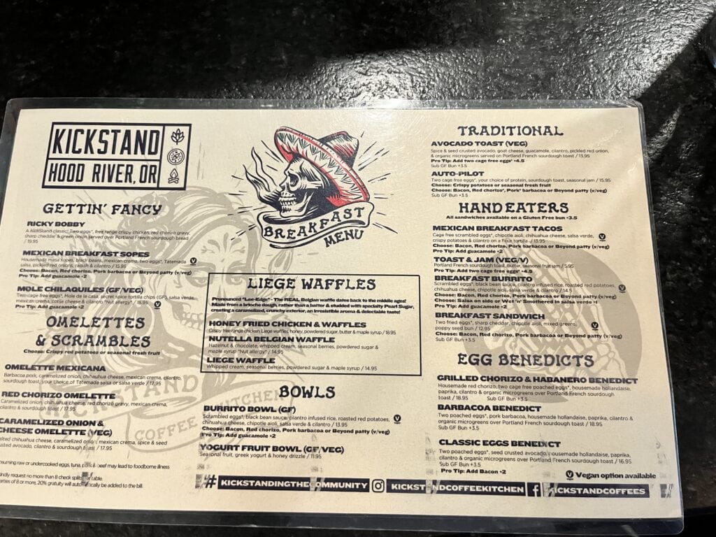 Breakfast menu at Kickstand Coffee