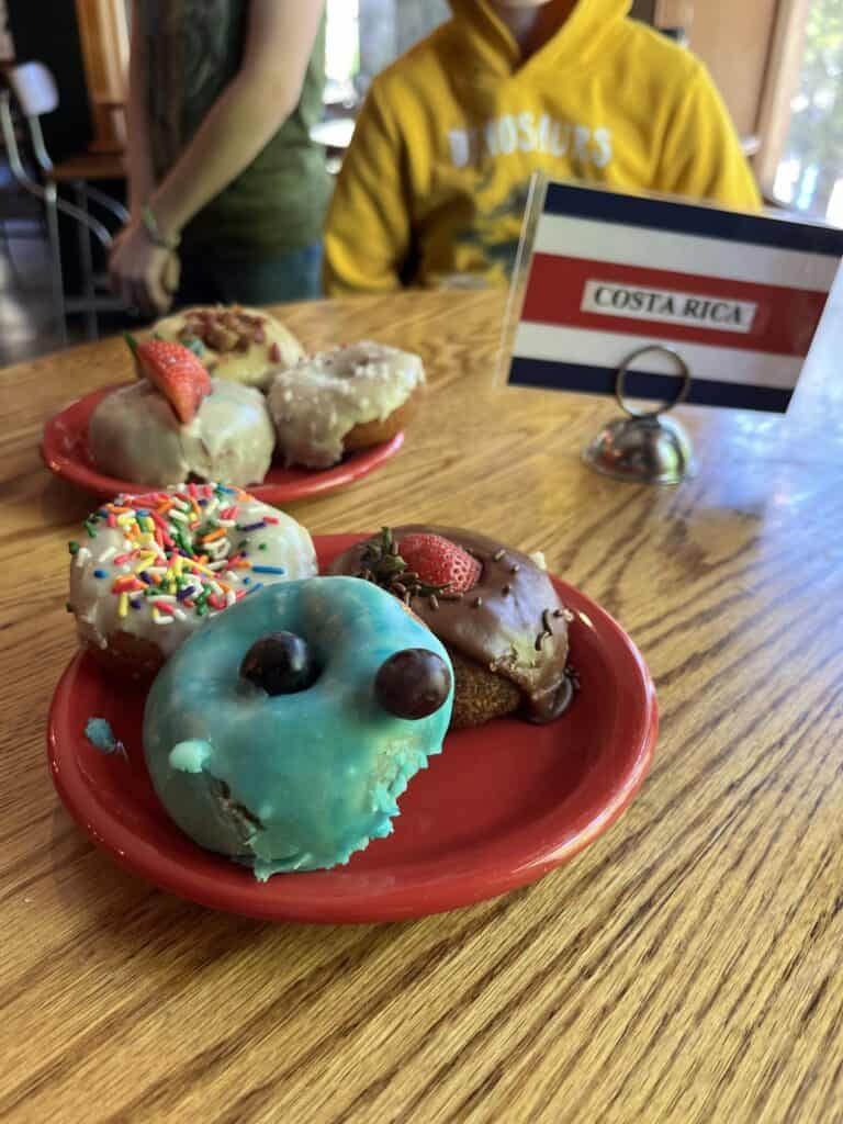 Six different colorful donuts on two red plates with a Costa Rica flag sign behind