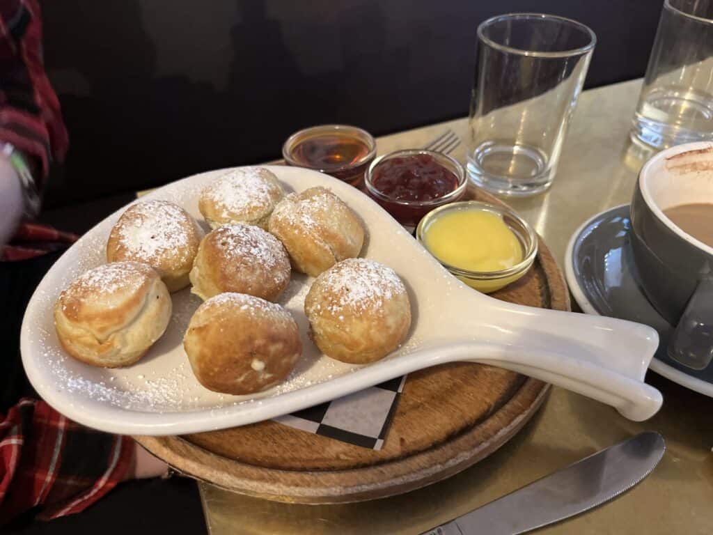 Aebleskiver at Broder Ost with lingonberry, lemon curd and maple syrup