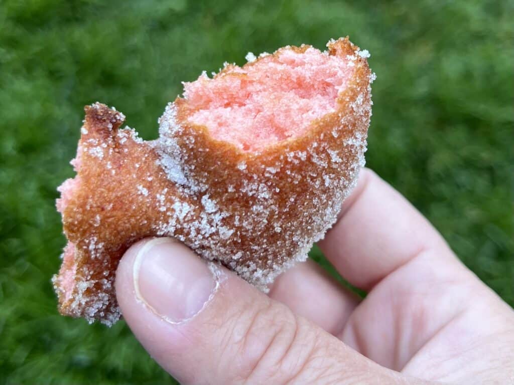 A broken fresh raspberry donut from E. Z. Orchards