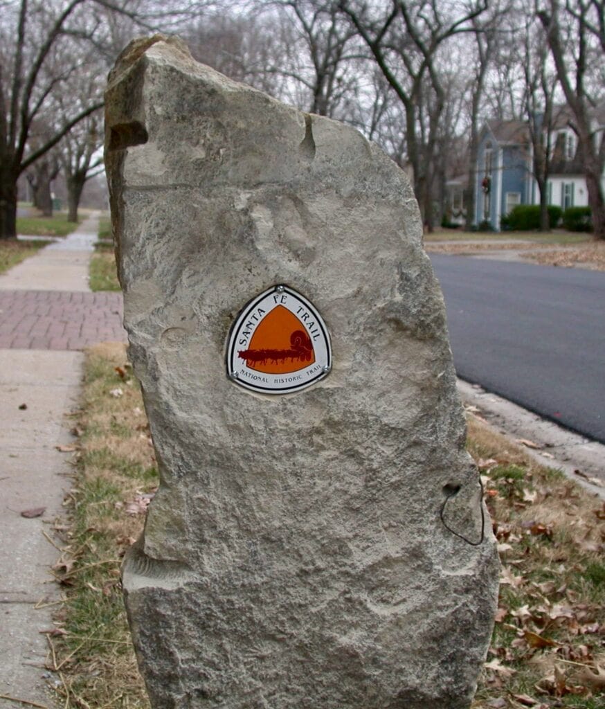 A rock monument marks the route of the Santa Fe National Historic Trail in Missouri.