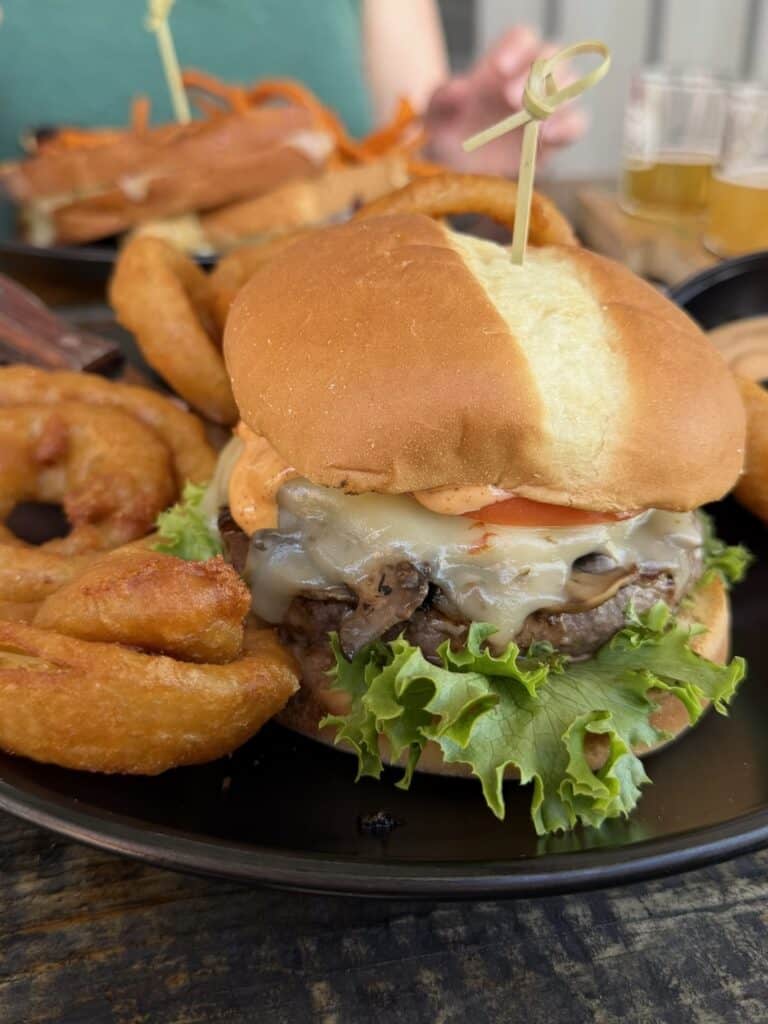 Elk burger with onion rings.