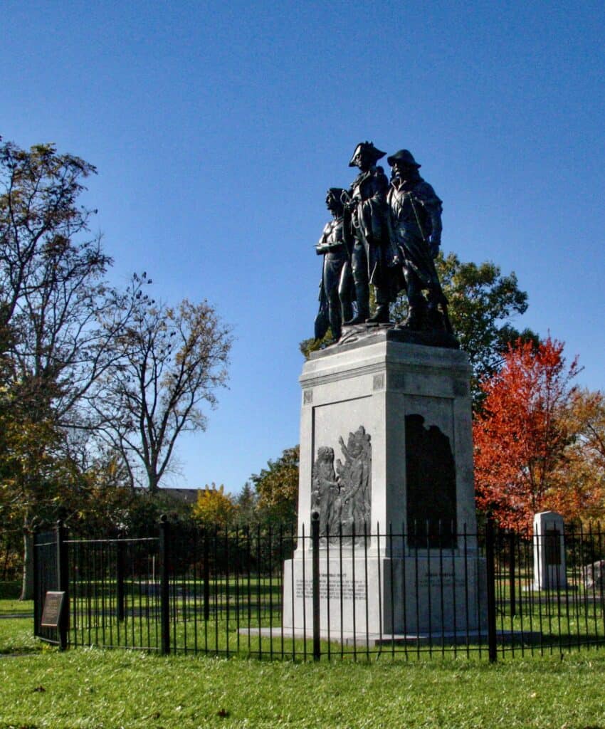 The Fallen Timbers Monument stands amid fall colors at Fallen Timbers Battlefield and Fort Miamis National Historic Site.