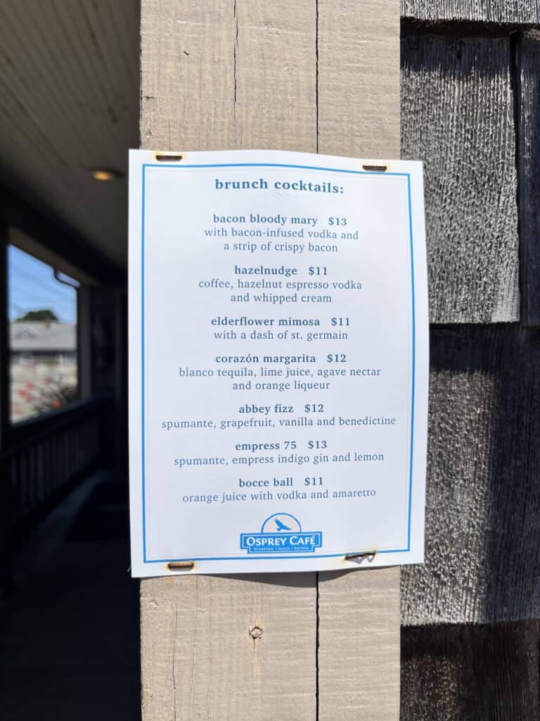Summer brunch cocktail menu at the Osprey Cafe