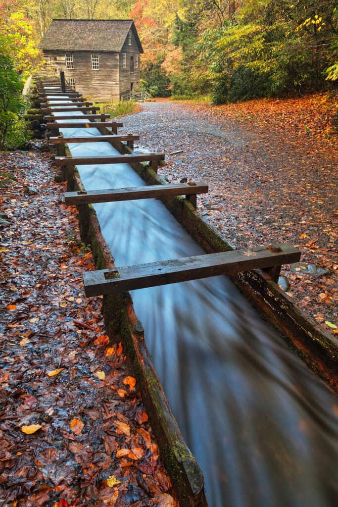 Water runs down a mill race at a historic mill along Trail of Tears National Historic Trail, North Carolina.