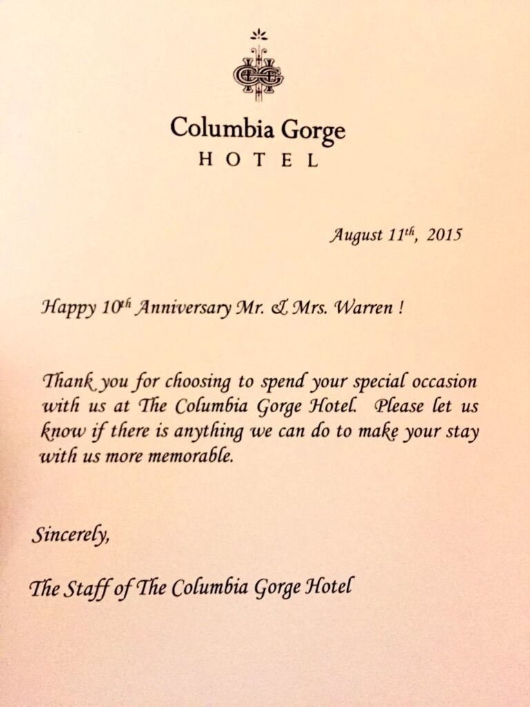 Welcome letter from the Columbia Gorge Hotel for our 10th anniversary