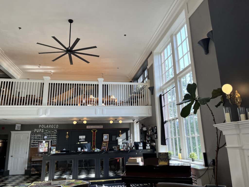 Registration desk and upstairs lounge at the Hood River Hotel