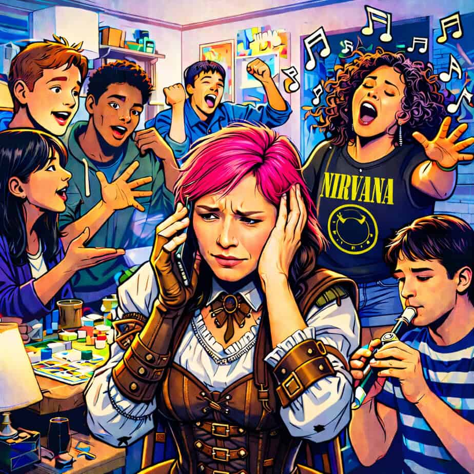 teen girl trying to listen to a cell phone conversation with a room full of noisy teens talking, singing and playing instruments behind her. A graphic depicting the internal struggle of paying attention with ADHD.