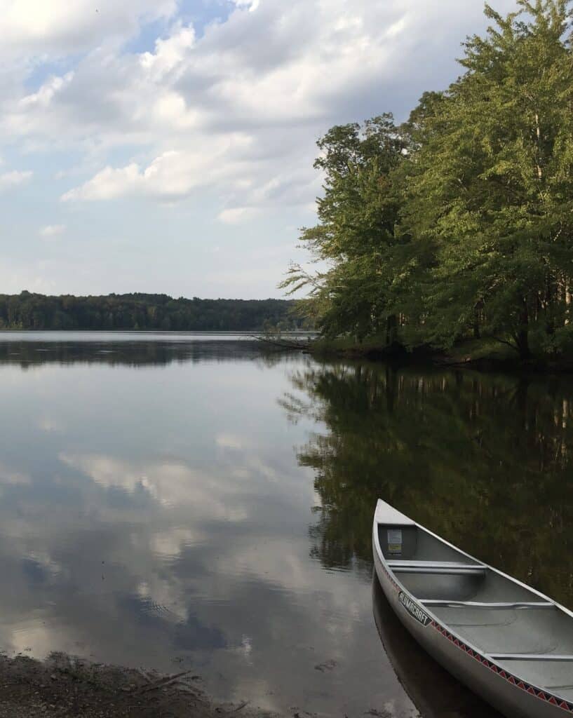 A canoe awaits along a riverbank at Land Between the Lakes National Recreation Area.