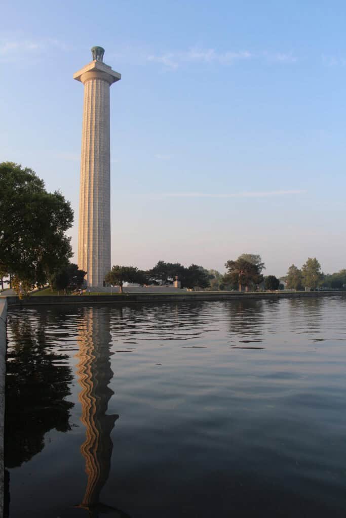 The Perry Victory Memorial towers over Lake Erie at Perry Memorial & International Peace Memorial.