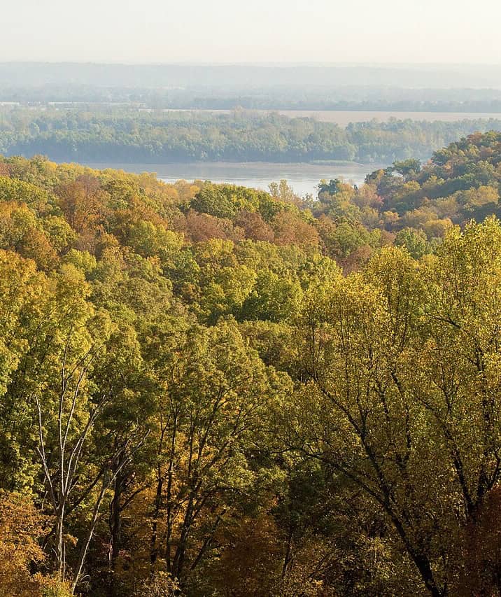A misty vista of the Mississippi River along the Trail of Tears National Historic Site, Missouri.