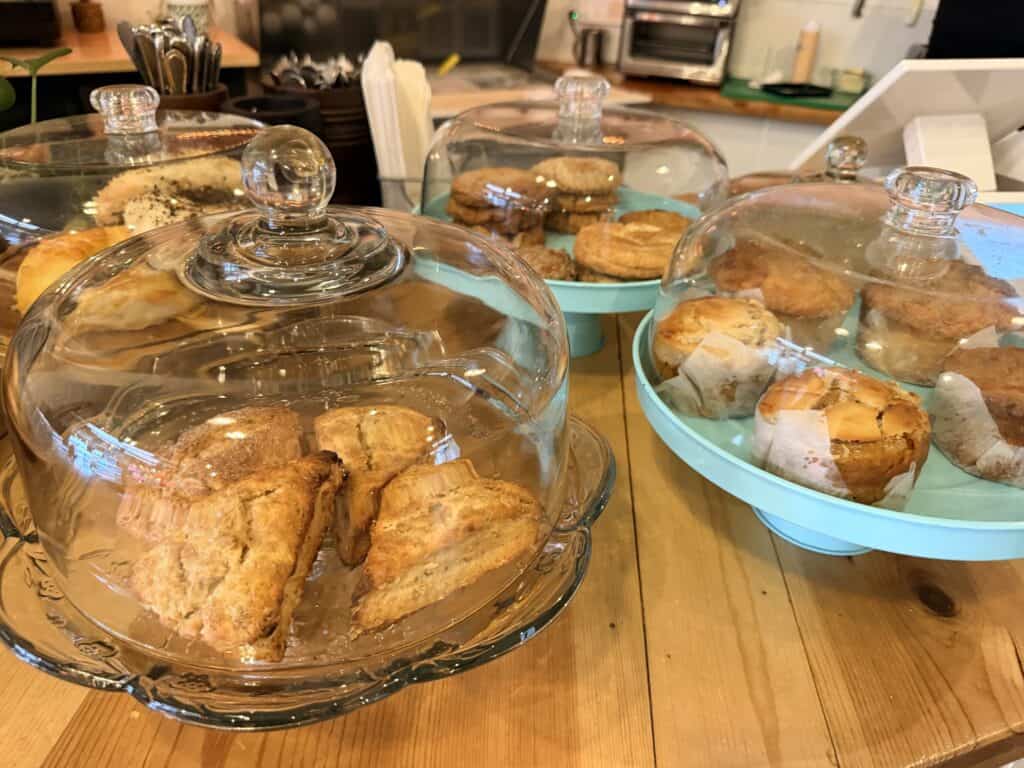 Pastries on display in covered cake plates. Little Leaf Cafe has a large variety of pastries and breakfast options available.