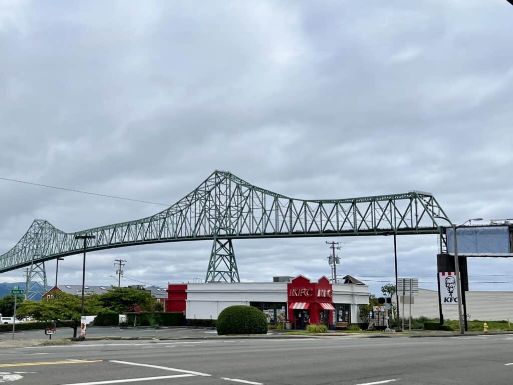 Astoria Megler Bridge on a cloudy day, as seen from the southwest.