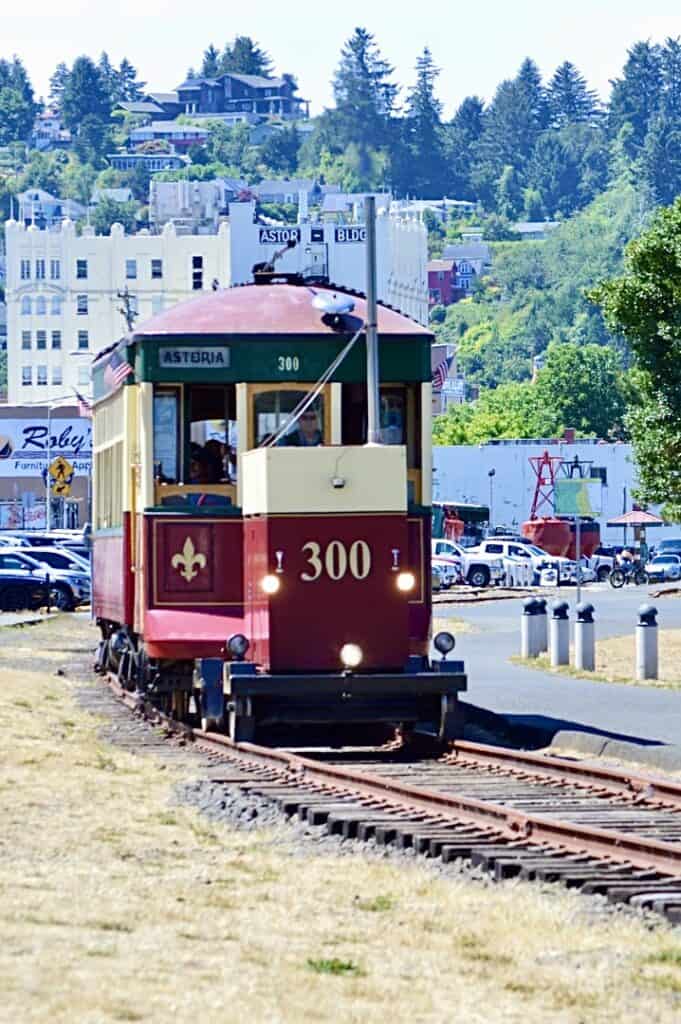 Astoria Trolley with lights on.