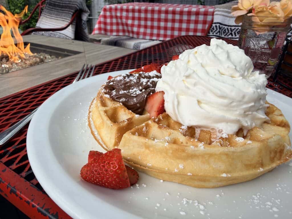 Belgian waffle out on the back patio at the Common Cup in Amity. Oregon.