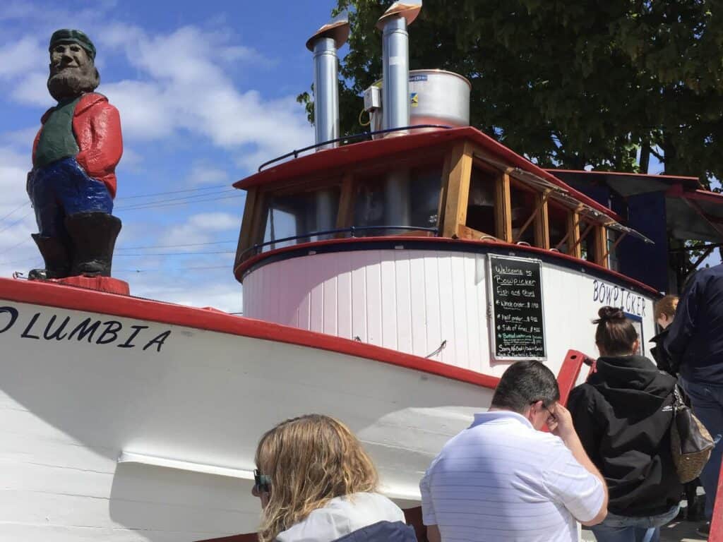 Waiting in line for the freshest fish and chips at the Bowpicker. This is our top pick for an Astoria lunch.