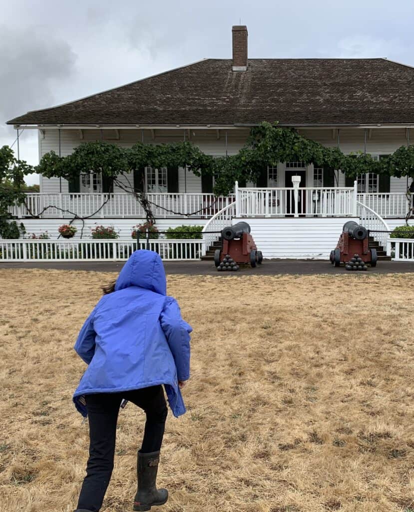 Our daughter runs toward the Chief Factor's residence at Fort Vancouver National Historic Site.