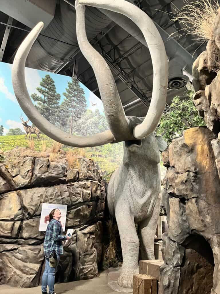 Our daughter looks up in awe at a full scale model of a mastodon at the Columbia Gorge Discovery Museum in Oregon. This is one of the best museums to gain a deeper understanding of prehistoric sites in Oregon.