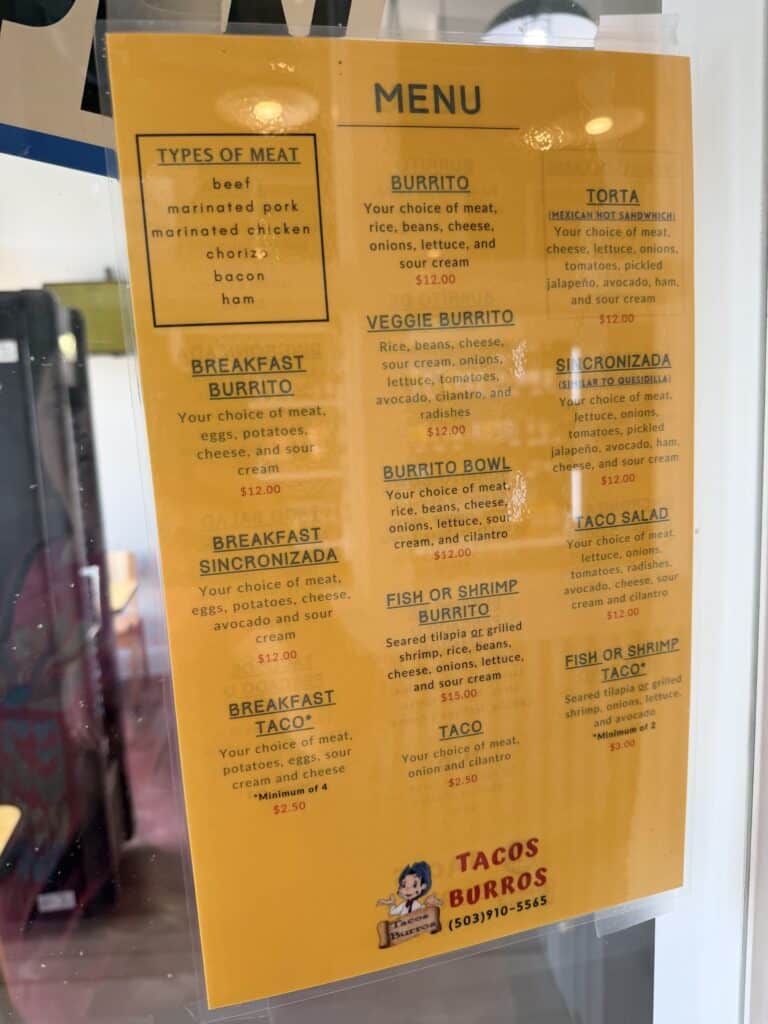 Menu for Tacos Burros in Amity. Oregon.