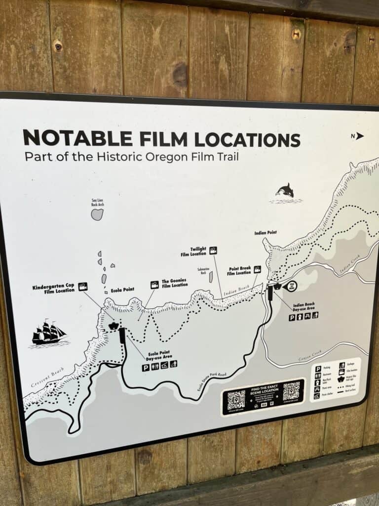 A map showing Oregon filming locations between Seaside and Cannon beach.
