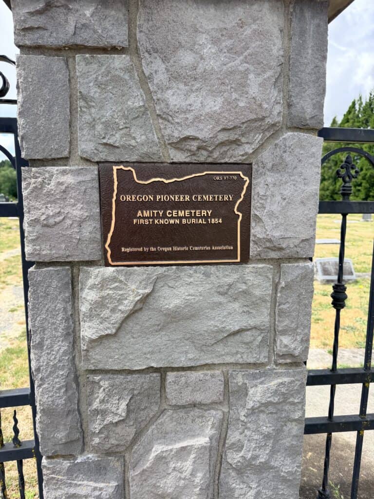 Amity cemetery sign on gate