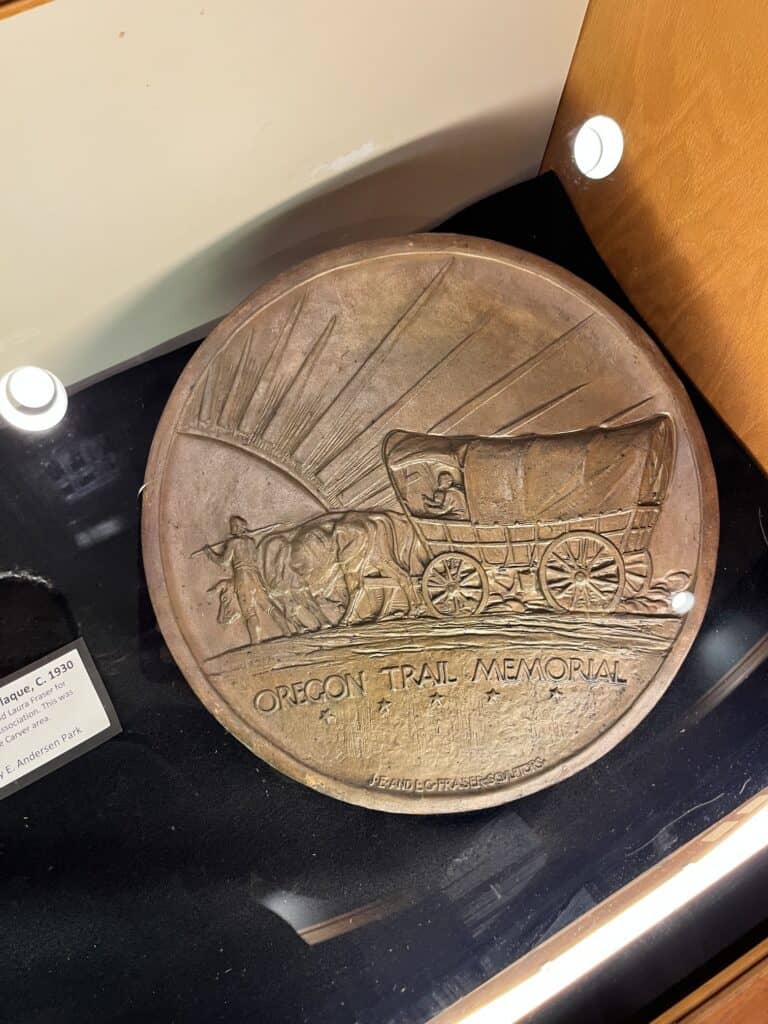 Memorial plaque for the Oregon Trail at the Museum of the Oregon Territory.