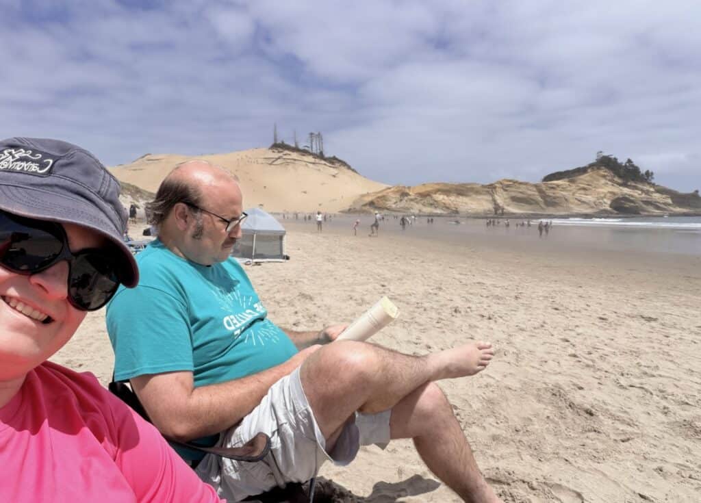 My wife and I enjoy reading at Pacific City Beach.