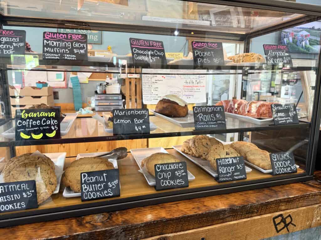 Blue Raeven pastry case with cookies, scones and more.