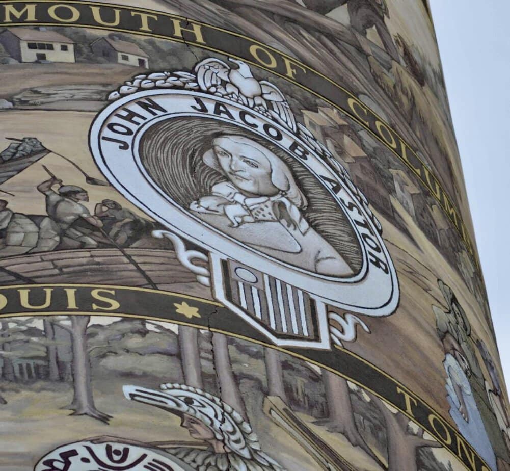 A detail of the Astoria Column centers on a portrait of John Jacob Astor.