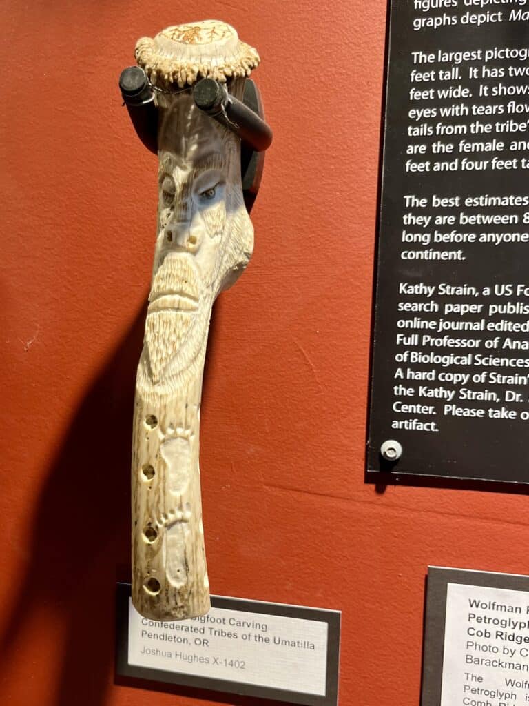 Carved image of a Sasquatch from the Umatilla Tribe.