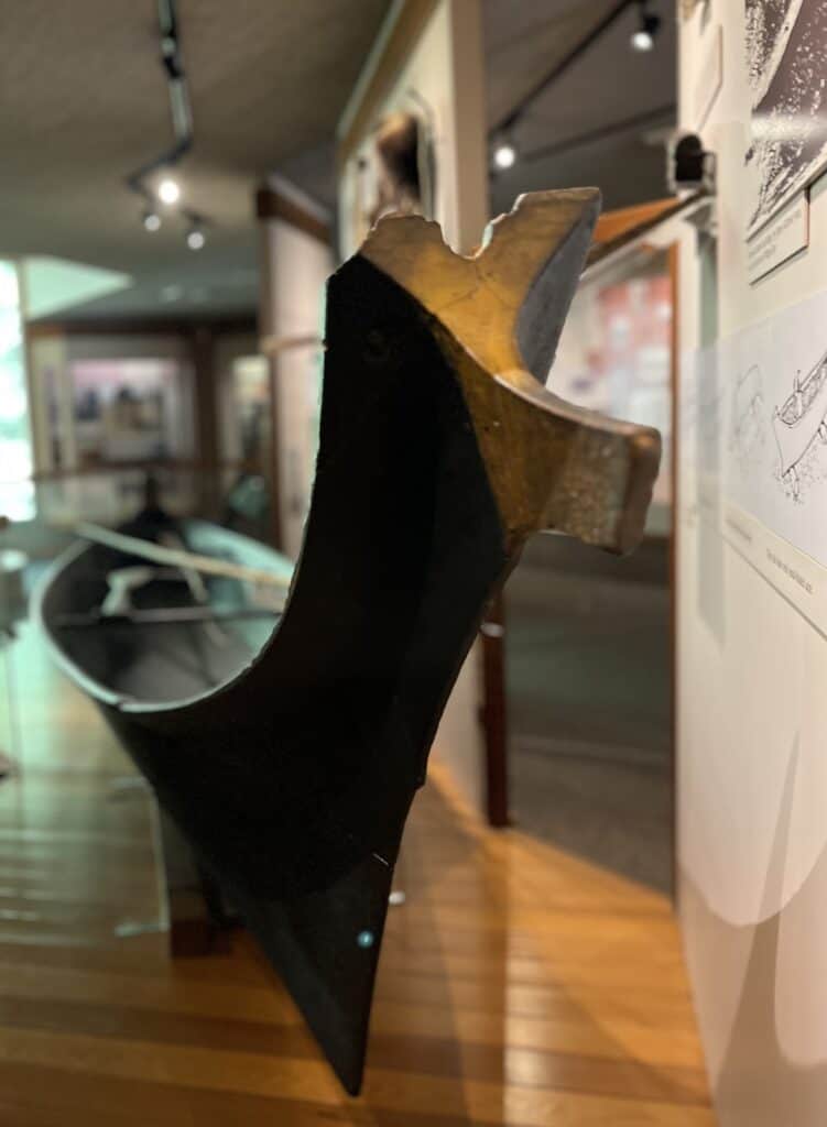 A long Indigenous canoe is on display at Lewis & Clark National Historical Park, Oregon.