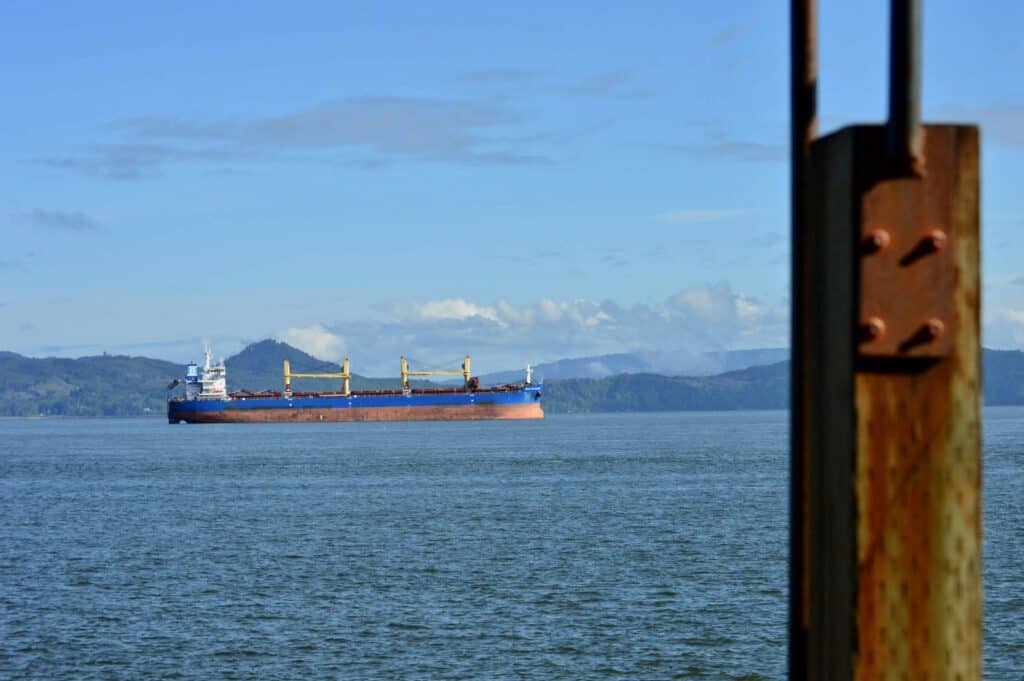 A large tanker boat rests in the Columbia River near Astoria, Oregon.