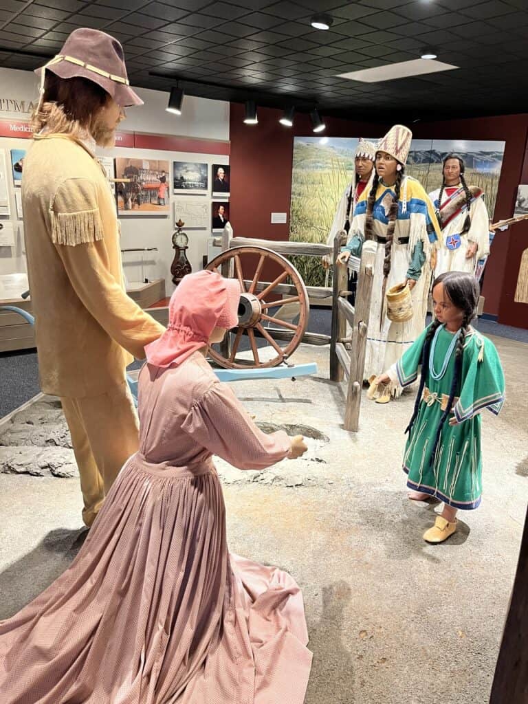 Mannequins of the Cayuse people meeting Marcus and Narcissa Whitman at the Whitman Mission NHS.