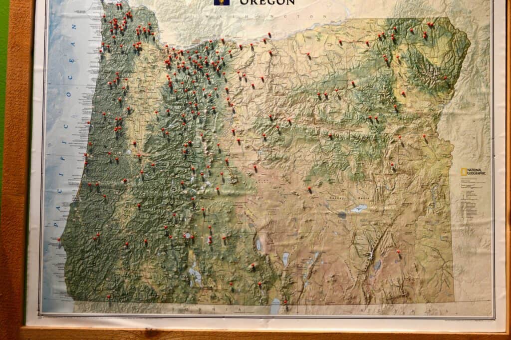 Map with red pins showing locations of reported sightings of Bigfoot.