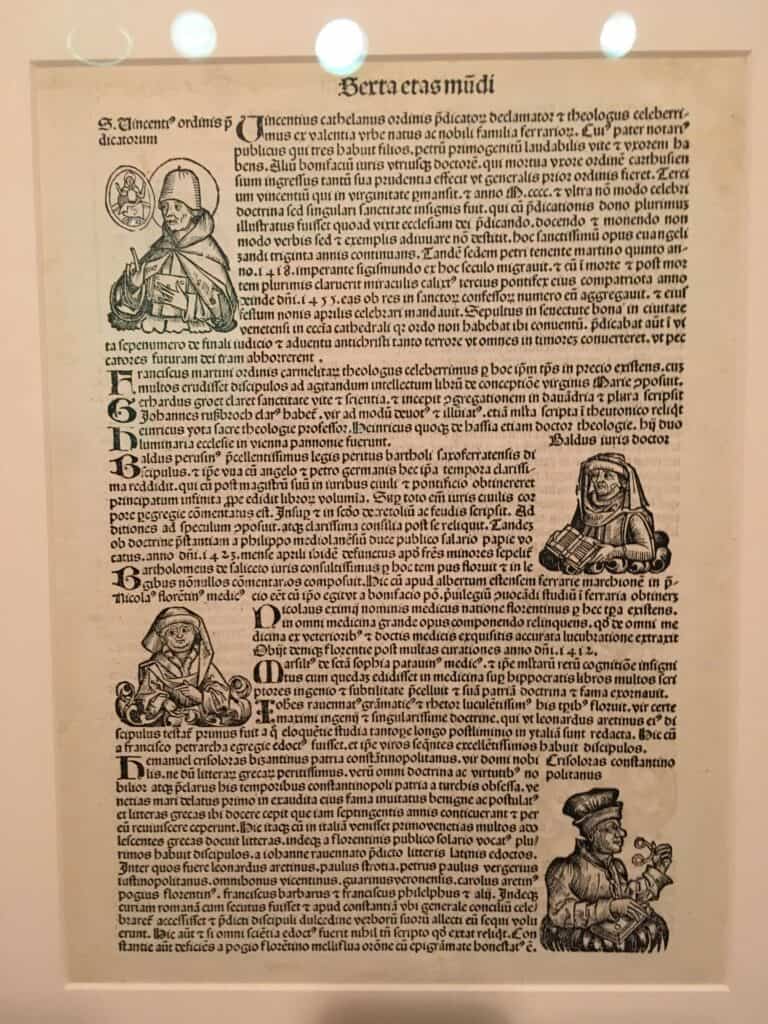 Printed leaf from the Nuremberg Chronicle at the Maryhill Museum.