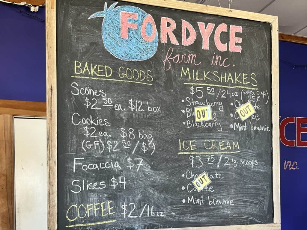 Fordyce Farms menu on a chalkboard