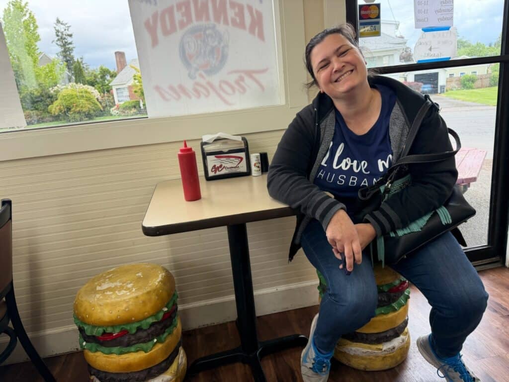 Jenn was charmed with the little burger-shaped stools at Burger Time.