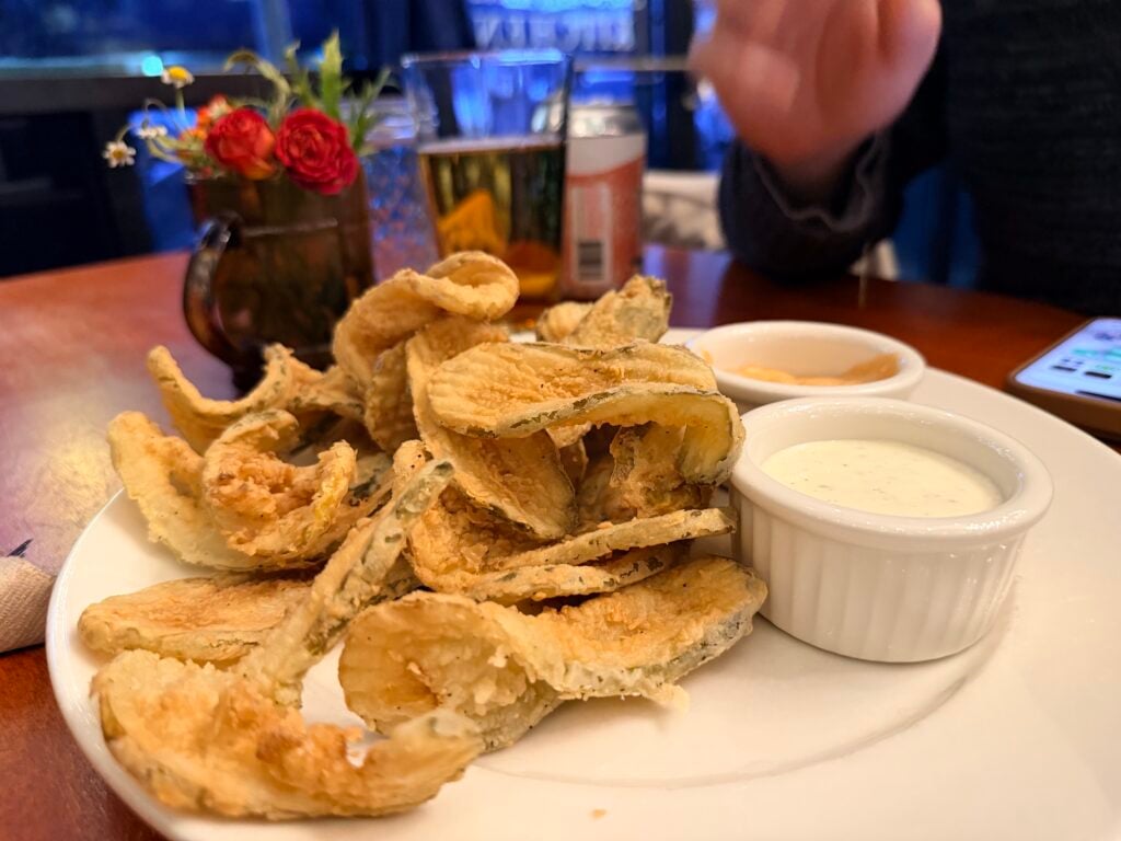 Fried pickles on a white plate at the Easy Otter.