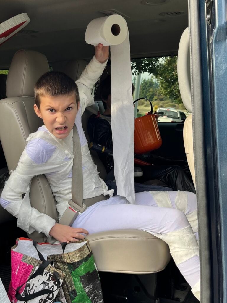 Our son dressed as a mummy one year with white base layers and toilet paper.